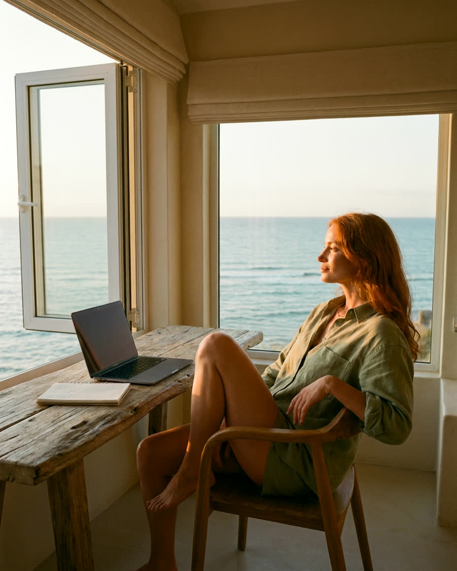 Evening at a sea-view desk, laptop closed beside a notebook